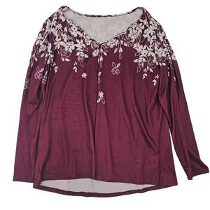 Unbranded Burgundy Floral V-Neck Long Sleeve Blouse Top Plus Size 2XL Wine White